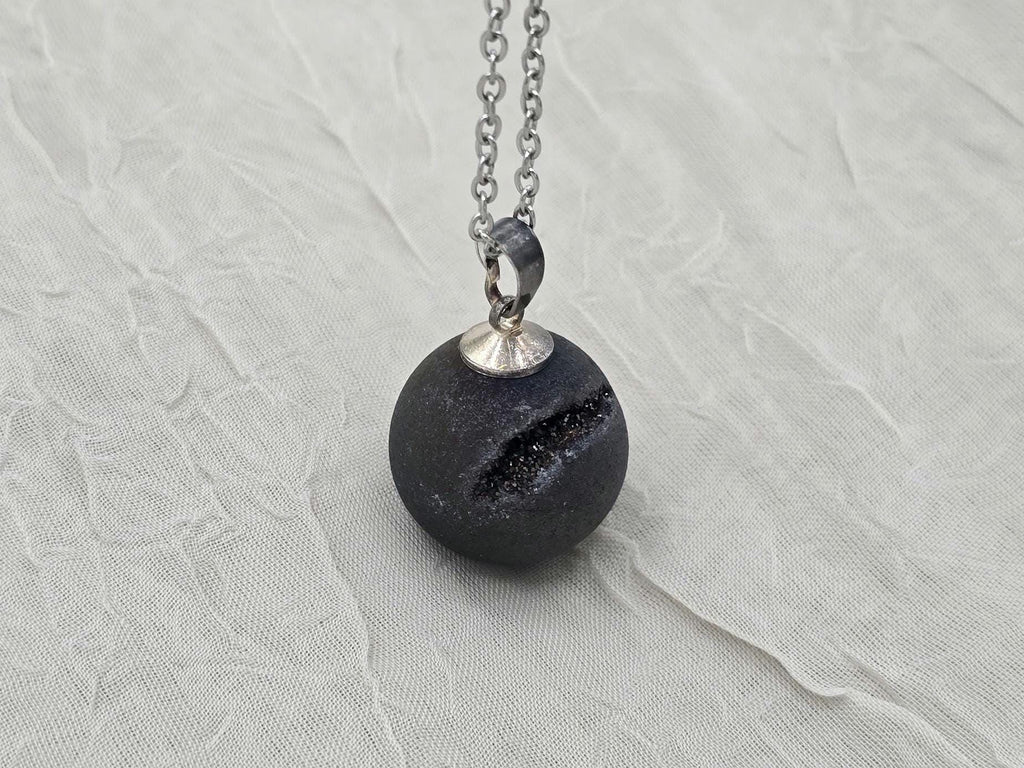 Black Druzy Geode Necklace, Gray Agate Jewelry, Black Diamond Crystal Quartz, Gift for Girlfriend or Wife, Stainless Steel