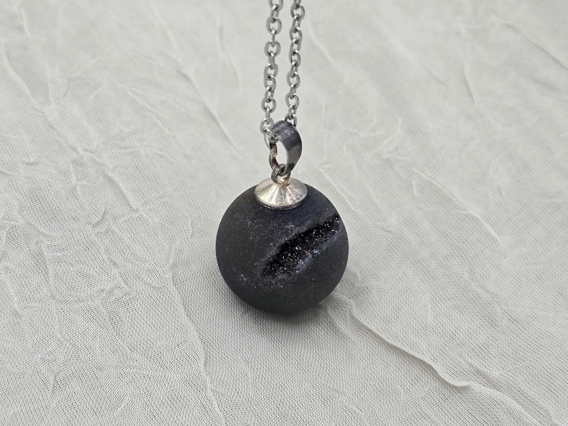 Black Druzy Geode Necklace, Gray Agate Jewelry, Black Diamond Crystal Quartz, Gift for Girlfriend or Wife, Stainless Steel