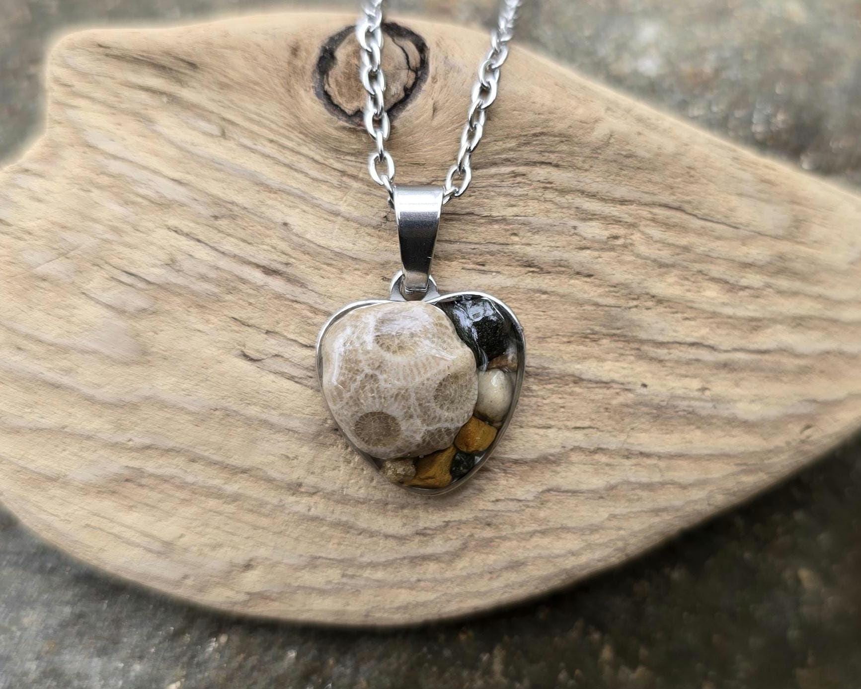 Petoskey Stone Small Heart Necklace with Rocks from Michigan Great Lakes