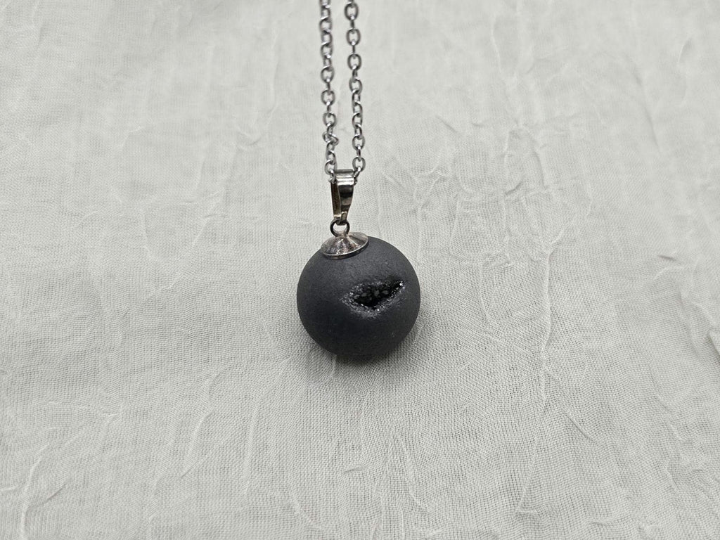 Black Geode Druzy Necklace, Gray Agate Jewelry, Black Diamond Crystal, Gemstone Quartz, Gift for Girlfriend or Wife, 18" Stainless Steel