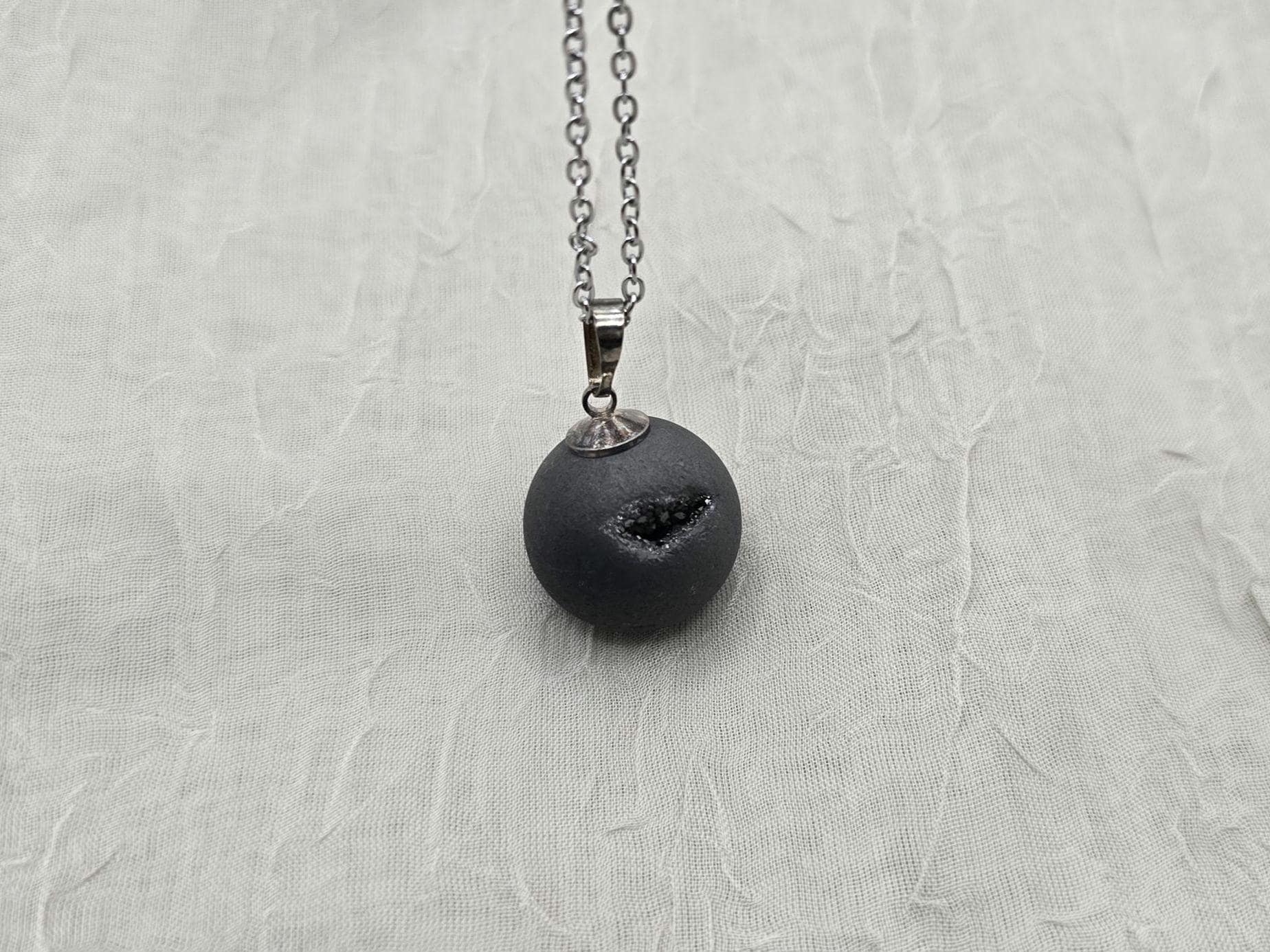 Black Geode Druzy Necklace, Gray Agate Jewelry, Black Diamond Crystal, Gemstone Quartz, Gift for Girlfriend or Wife, 18" Stainless Steel