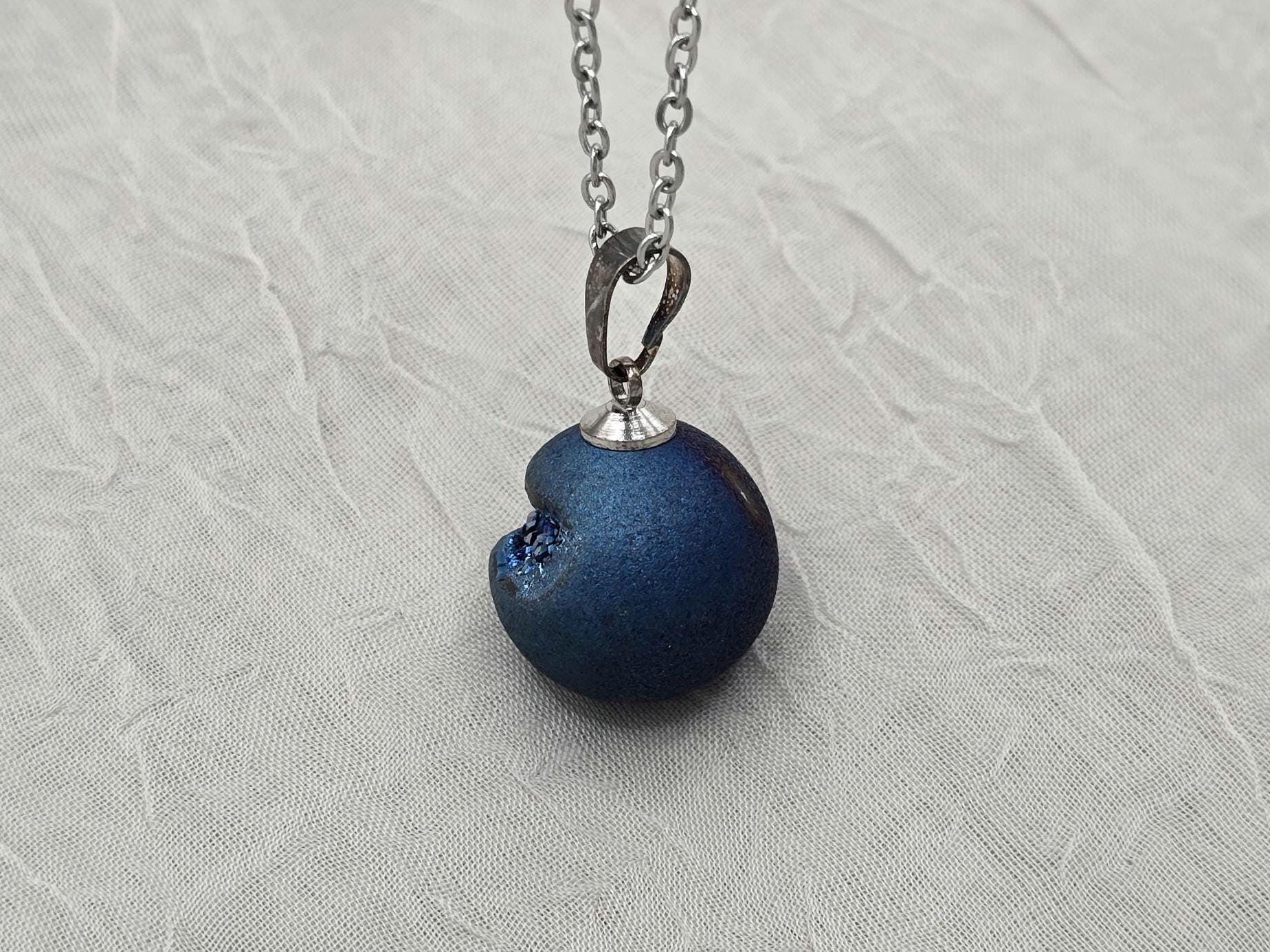 Sapphire Necklace Geode Necklace Druzy Necklace Blue Agate Diamond Crystal Gemstone Quartz Gift for Women Girlfriend Wife 18 Stainless Steel
