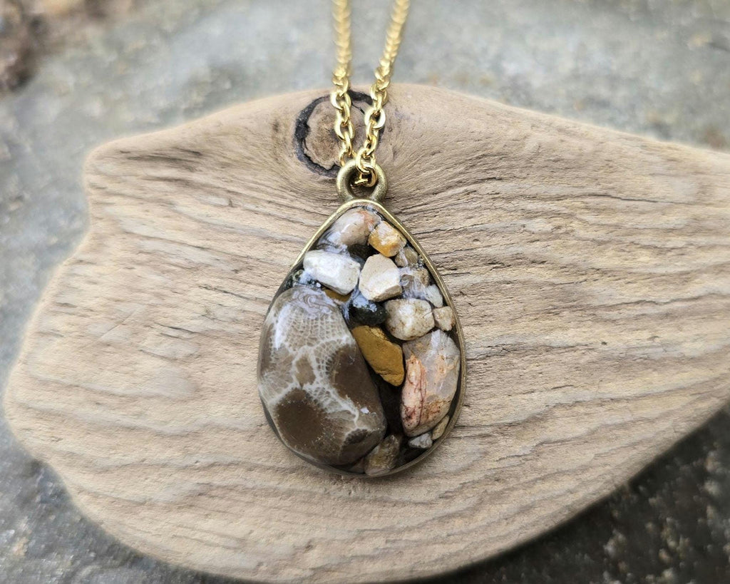 Petoskey Stone Antique Teardrop Necklace with Collection of Rocks from Lake Michigan & Lake Superior