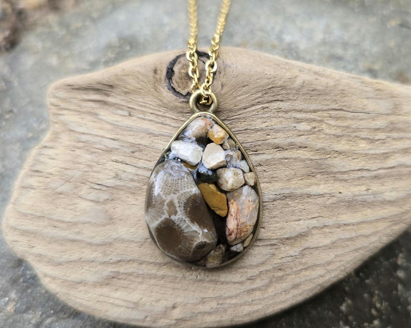 Petoskey Stone Antique Teardrop Necklace with Collection of Rocks from Lake Michigan & Lake Superior