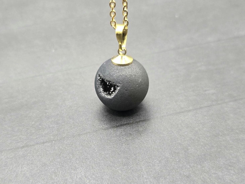 Black Onyx Necklace, Black Geode Druzy Necklace, Agate Diamond Crystal Jewelry, Natural Gemstone Quartz, Gift for Girlfriend Wife, 20" Gold