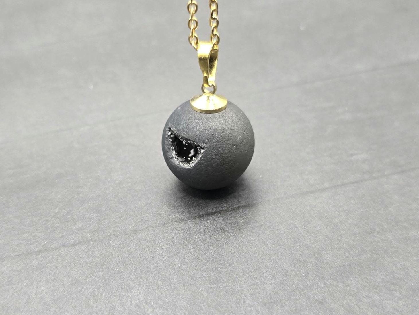 Black Onyx Necklace, Black Geode Druzy Necklace, Agate Diamond Crystal Jewelry, Natural Gemstone Quartz, Gift for Girlfriend Wife, 20" Gold