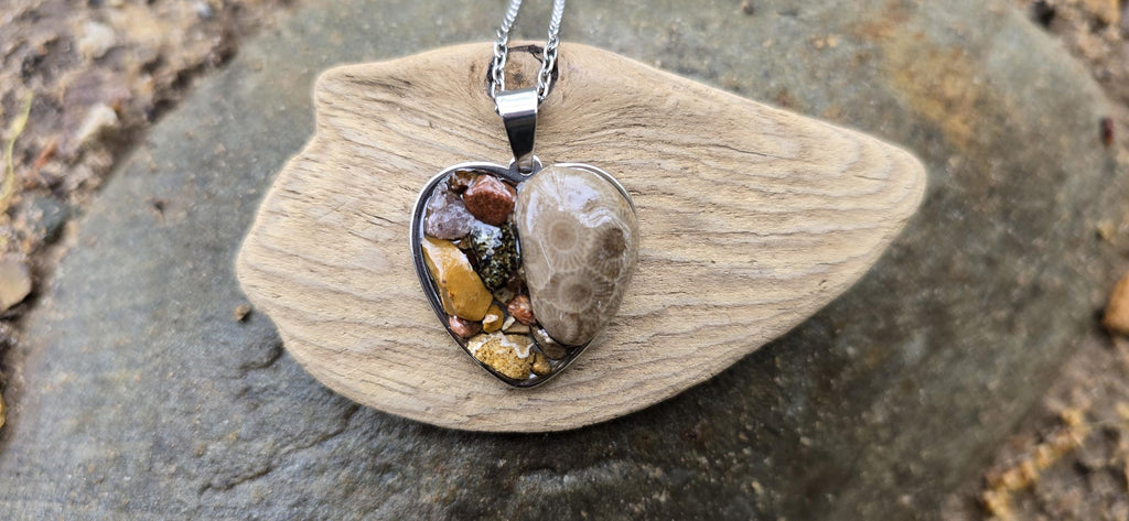 Petoskey Stone Heart Necklace, Rocks from Lake Michigan & Lake Superior