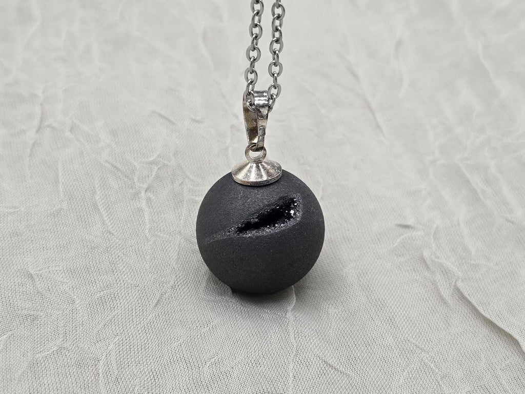 Black Geode Druzy Necklace, Gray Agate Jewelry, Diamond Crystal Gemstone, Quartz Gift for Girlfriend or Wife, 18" Stainless Steel