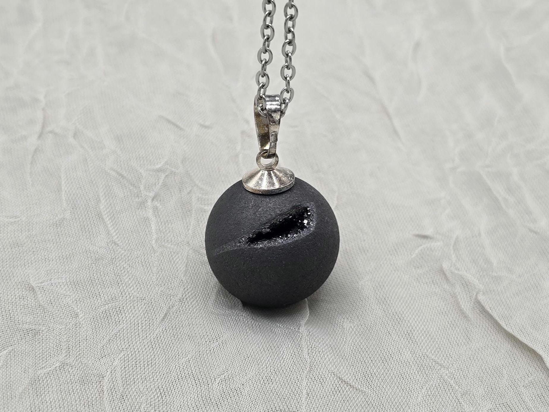Black Geode Druzy Necklace, Gray Agate Jewelry, Diamond Crystal Gemstone, Quartz Gift for Girlfriend or Wife, 18" Stainless Steel