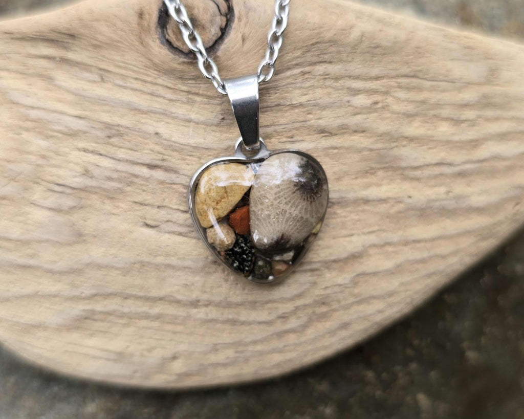 Petoskey Stone Small Heart Fossil Necklace with Rocks from Michigan Great Lakes