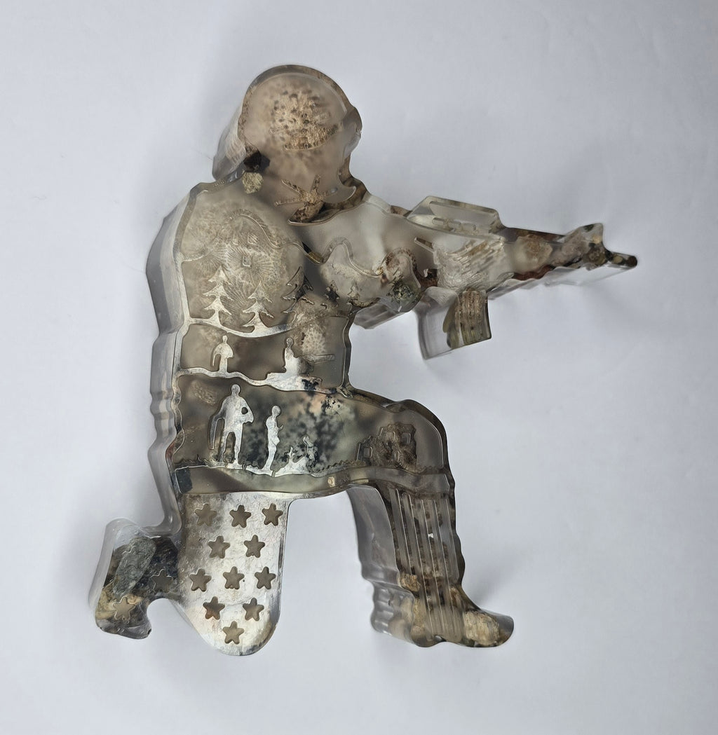 Army Veteran Soldier Figurine with Michigan rocks and Petoskey stone