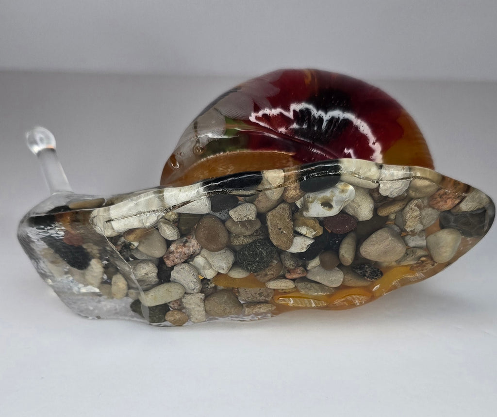 Large flower bouquet SNAIL with petoskey stone & Michigan rocks