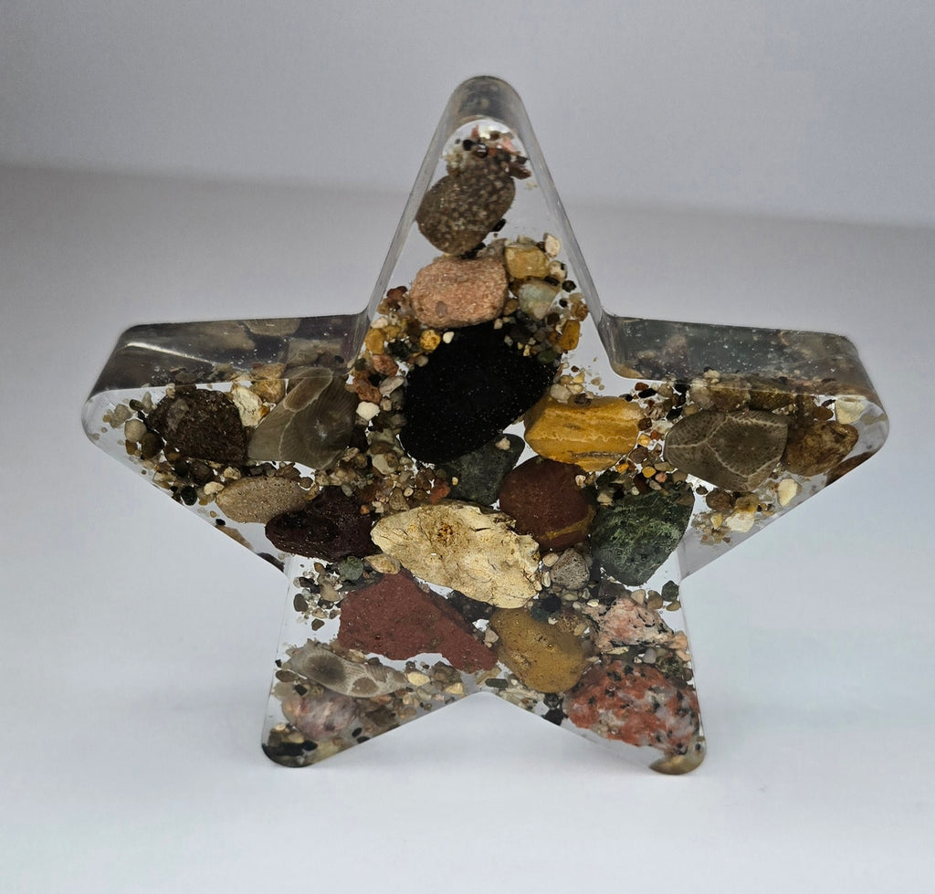 Large rock collection star with Petoskey stone