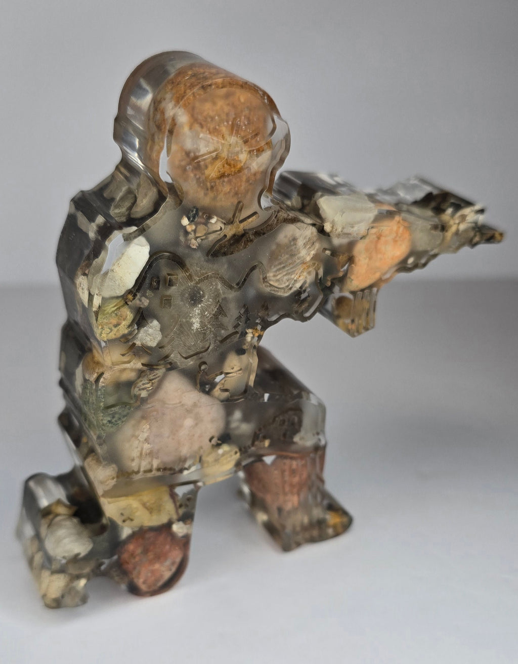 Army Veteran soldier figurine with Michigan rocks & Petoskey stone
